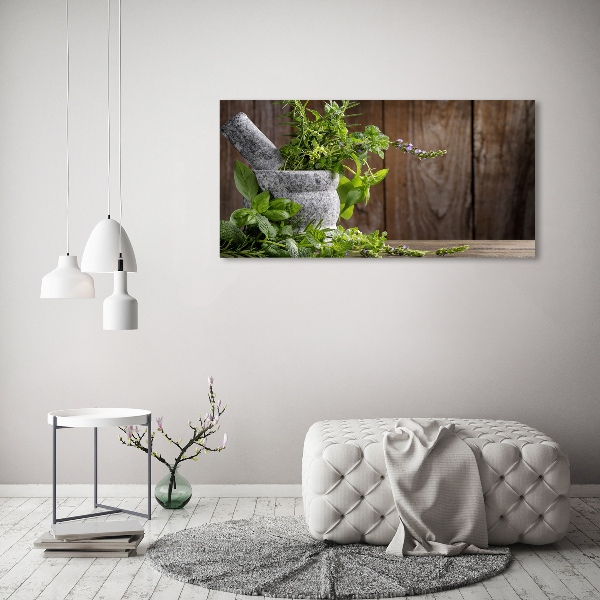 Wall art on glass Herbs in a mortar