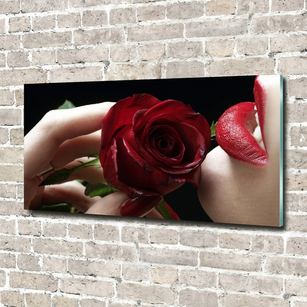 Glass art picture A woman with a rose