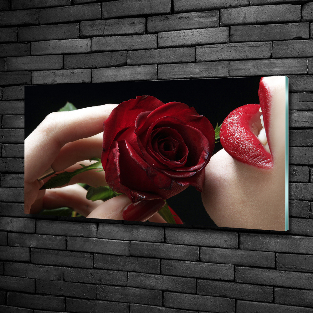 Glass art picture A woman with a rose