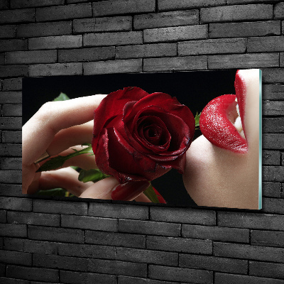 Glass art picture A woman with a rose