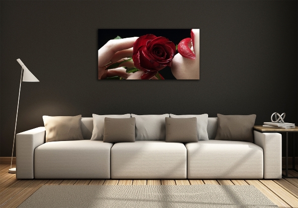 Glass art picture A woman with a rose