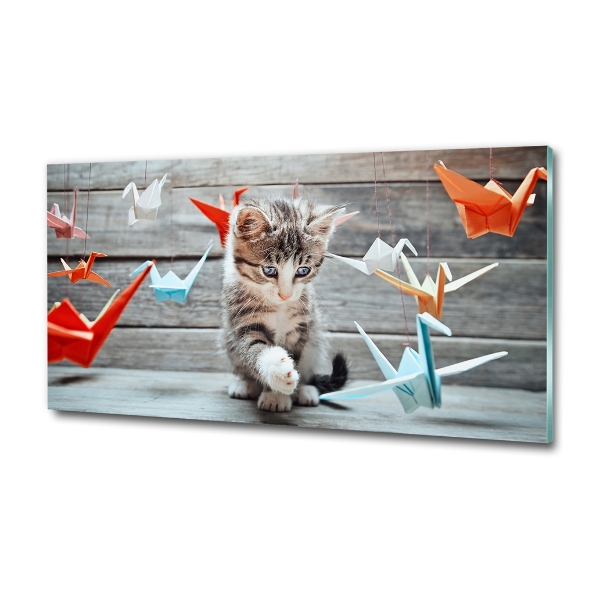 Glass wall art large Cat birds of paper