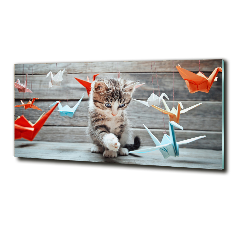 Glass wall art large Cat birds of paper