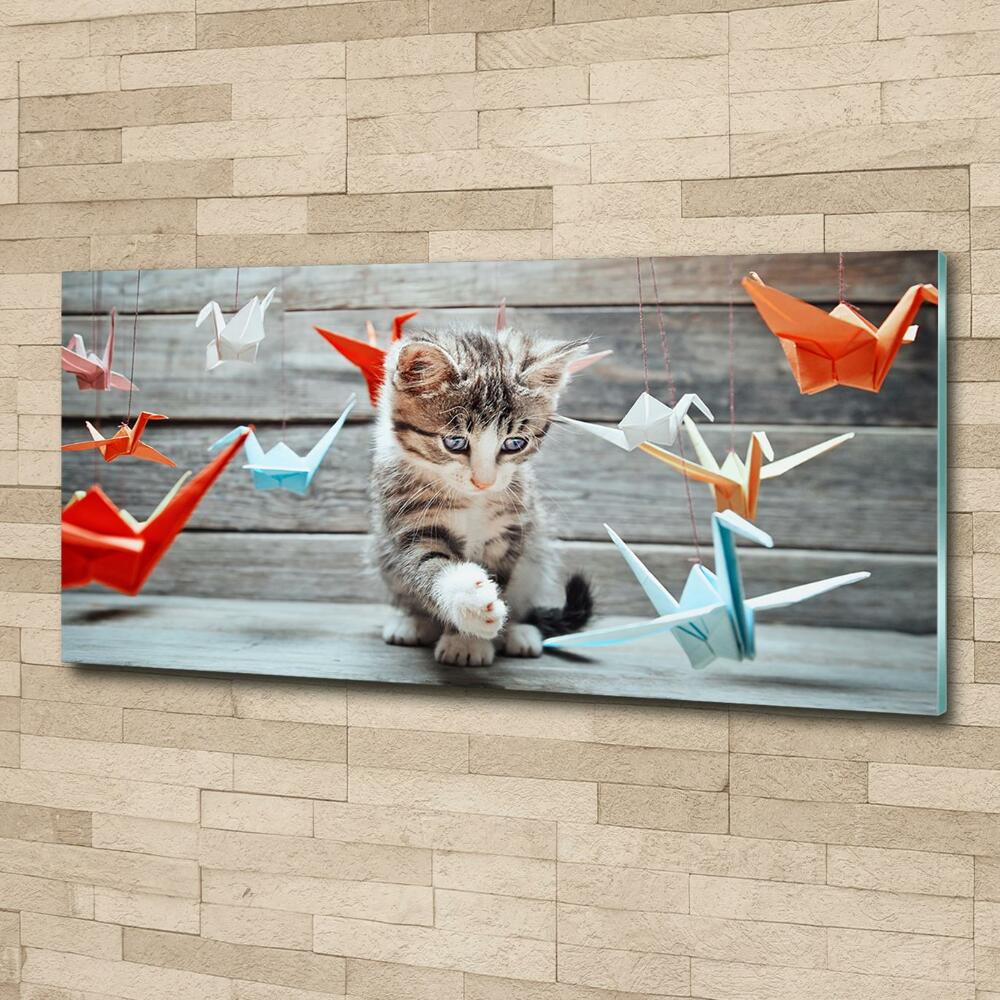 Glass wall art large Cat birds of paper