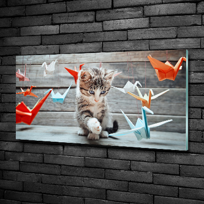 Glass wall art large Cat birds of paper