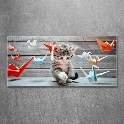 Glass wall art large Cat birds of paper