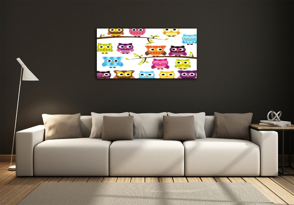 Printed glass wall art Colorful owls