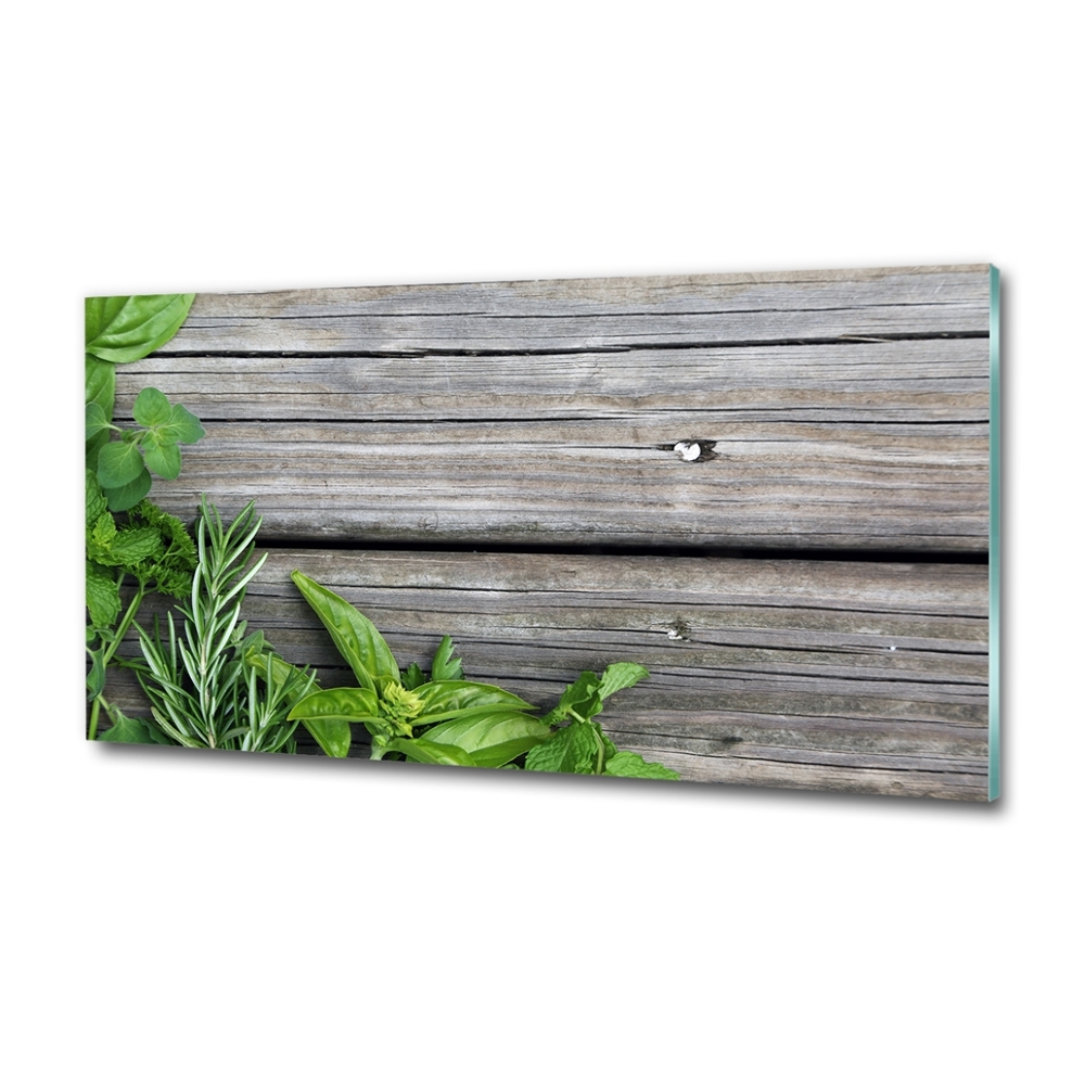 Glass art print Wooden background herbs