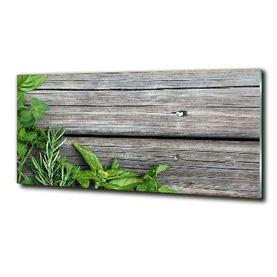 Glass art print Wooden background herbs