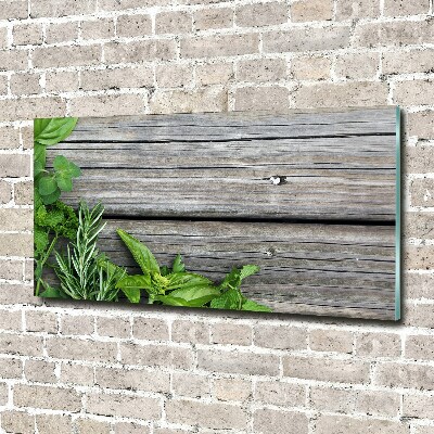 Glass art print Wooden background herbs