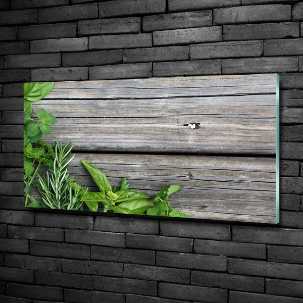 Glass art print Wooden background herbs