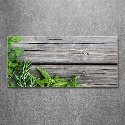 Glass art print Wooden background herbs