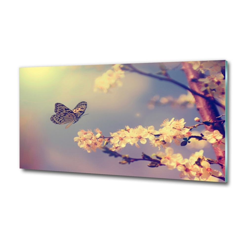 Glass art picture Cherry flower and butterfly