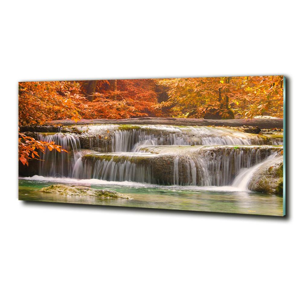 Glass picture wall art Waterfall in autumn