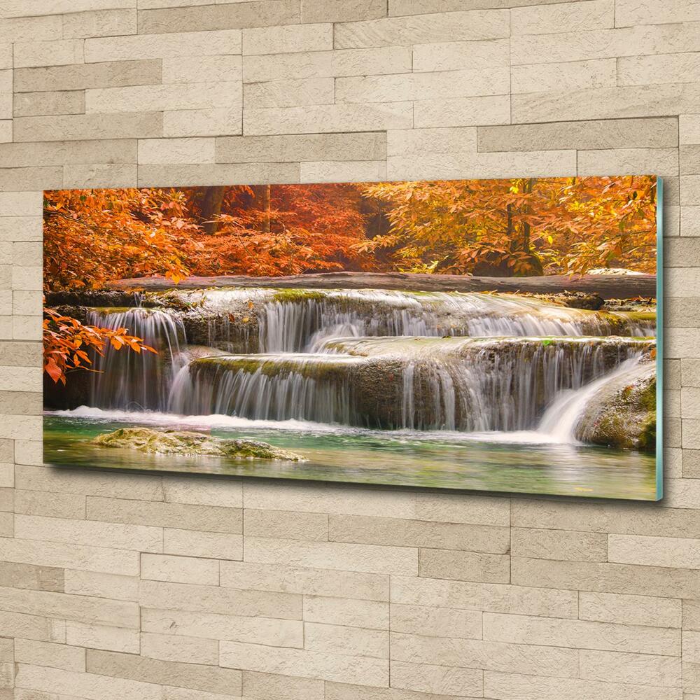 Glass picture wall art Waterfall in autumn