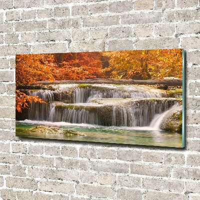 Glass picture wall art Waterfall in autumn