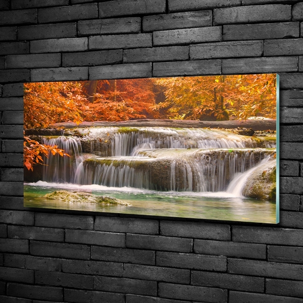 Glass picture wall art Waterfall in autumn