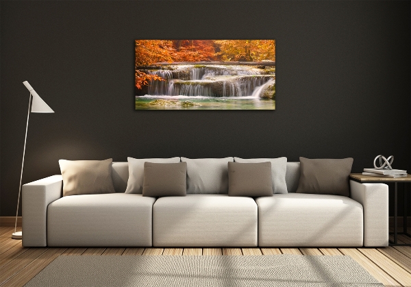 Glass picture wall art Waterfall in autumn