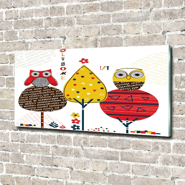 Glass picture wall art Owls on a tree