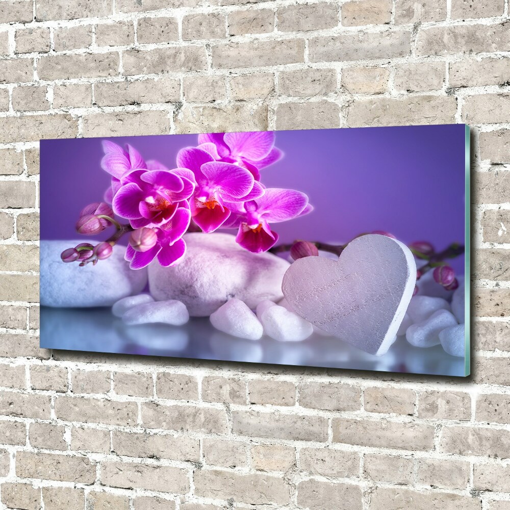 Glass wall art large Orchid and heart