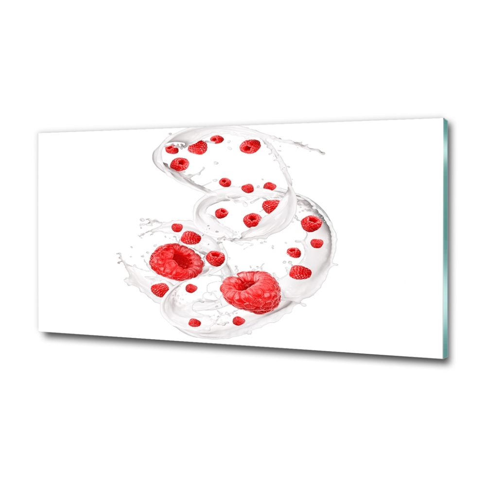 Glass picture wall art Raspberries with milk