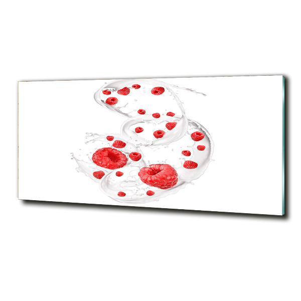 Glass picture wall art Raspberries with milk