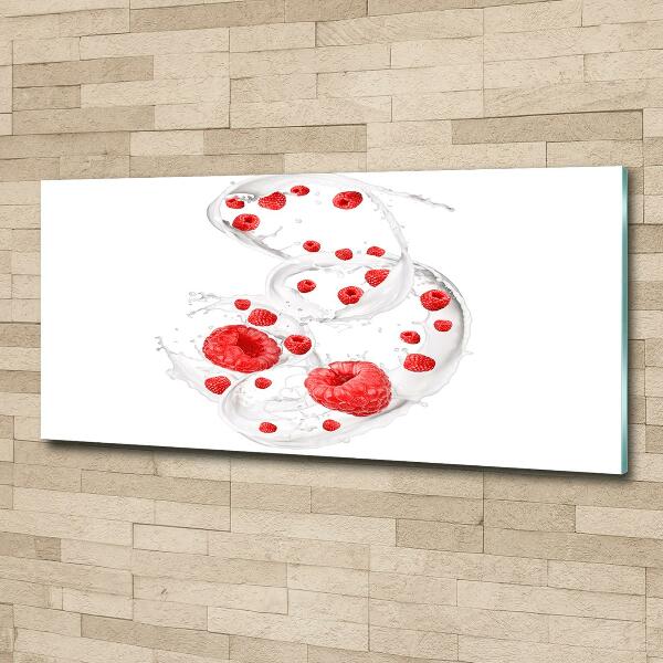 Glass picture wall art Raspberries with milk