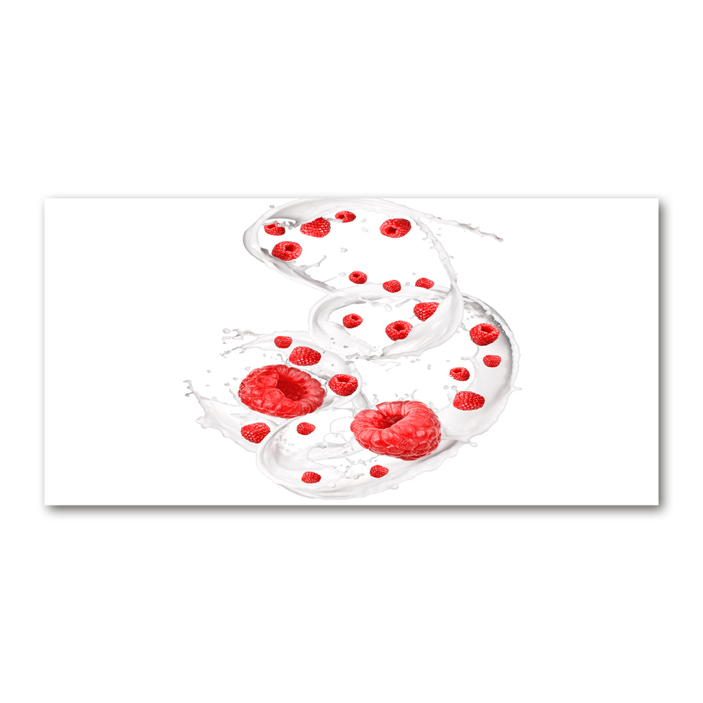 Glass picture wall art Raspberries with milk