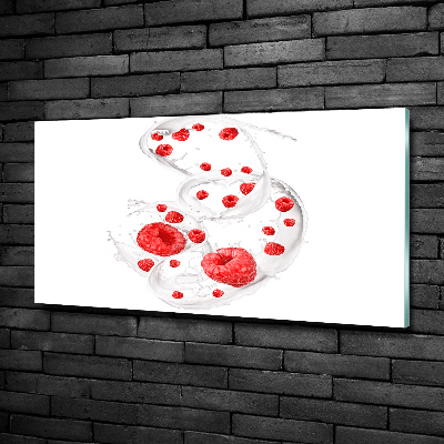 Glass picture wall art Raspberries with milk