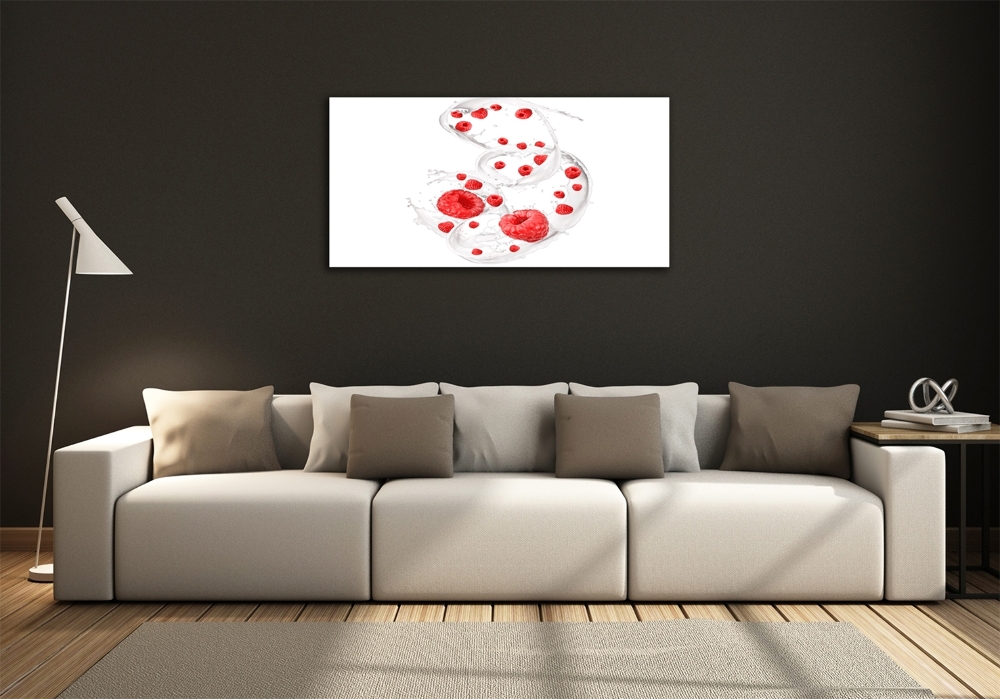 Glass picture wall art Raspberries with milk