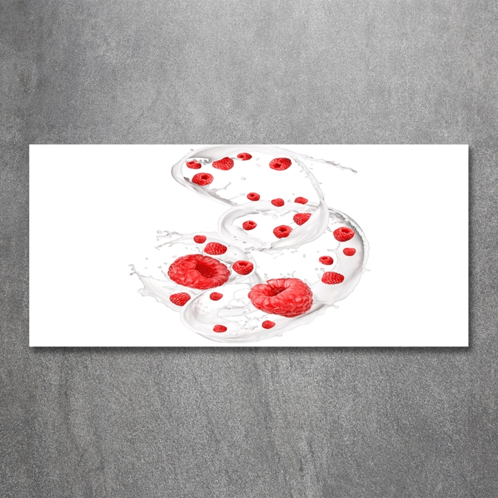 Glass picture wall art Raspberries with milk