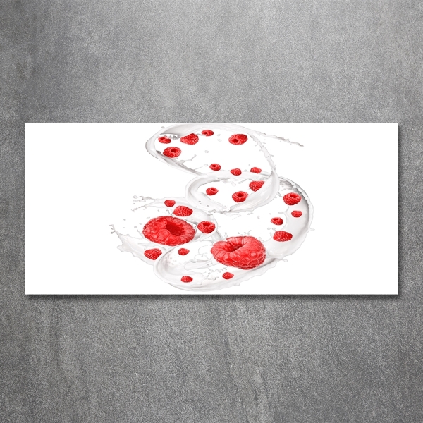 Glass picture wall art Raspberries with milk