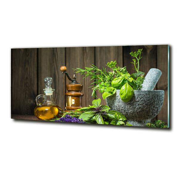 Glass wall art large Herbs in a mortar