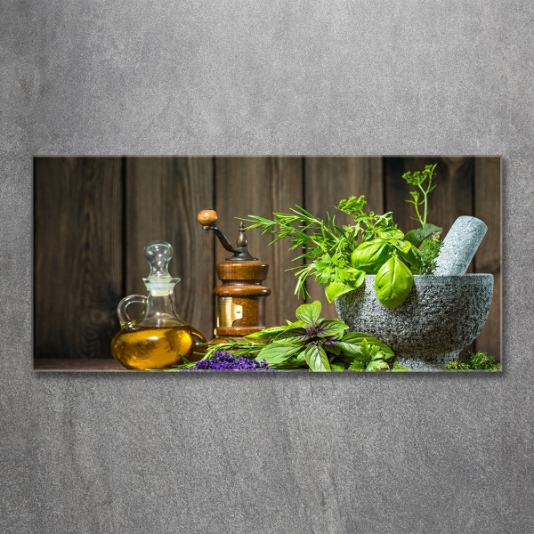 Glass wall art large Herbs in a mortar