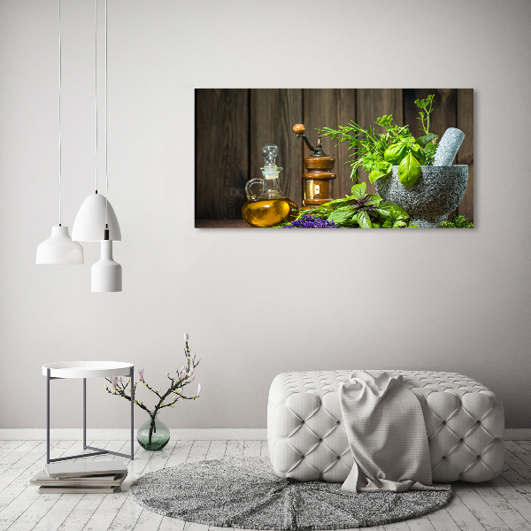 Glass wall art large Herbs in a mortar