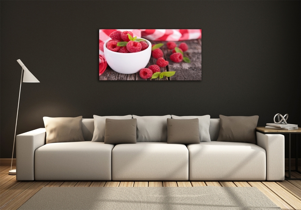 Glass picture print Raspberries in a bowl