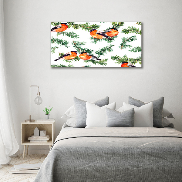 Glass picture wall art Robin on the conifer