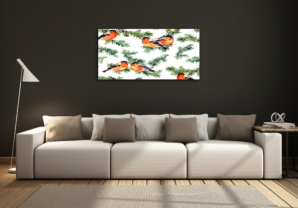 Glass picture wall art Robin on the conifer