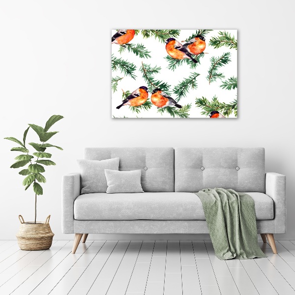 Glass picture wall art Robin on the conifer