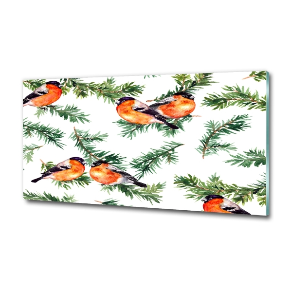 Glass picture wall art Robin on the conifer