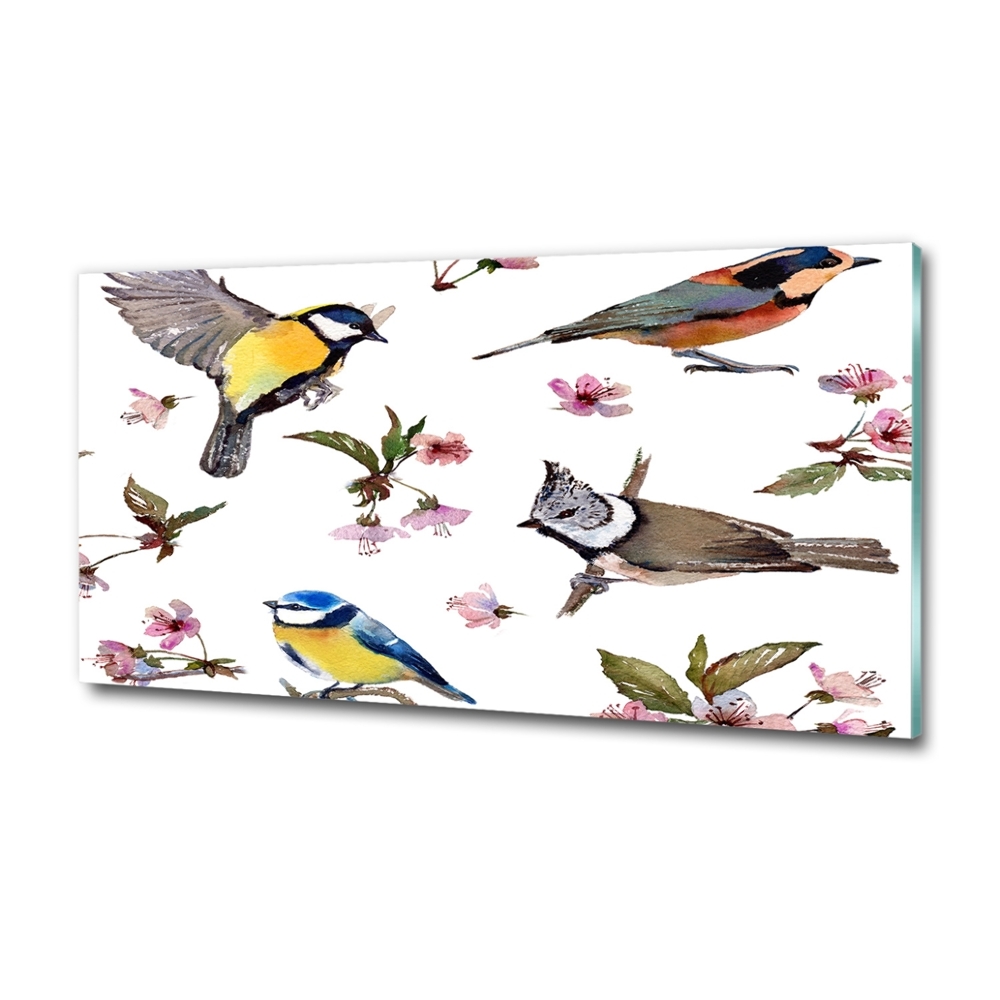 Glass picture wall art Birds cherry flowers