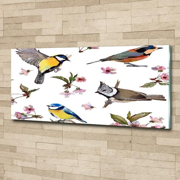 Glass picture wall art Birds cherry flowers