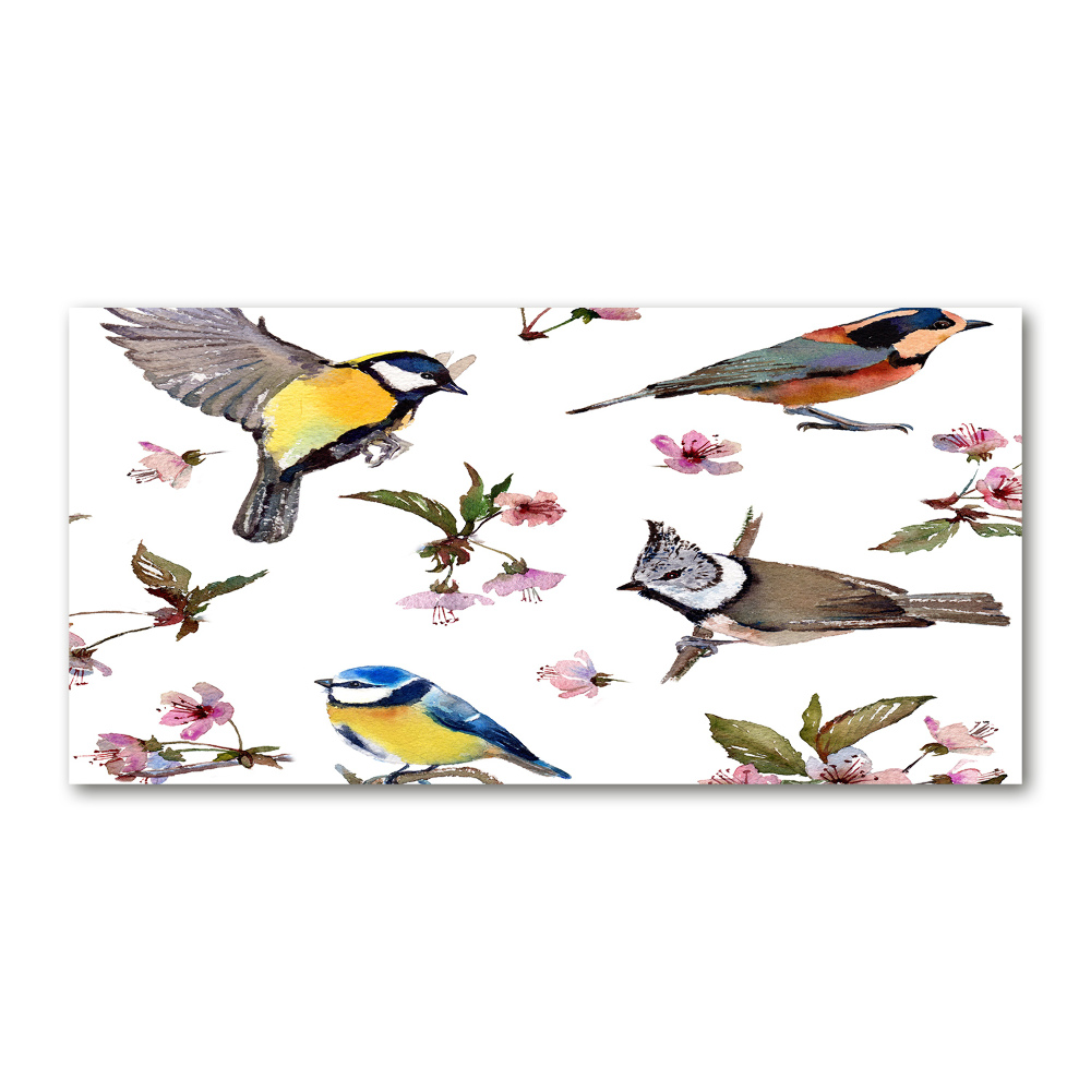 Glass picture wall art Birds cherry flowers