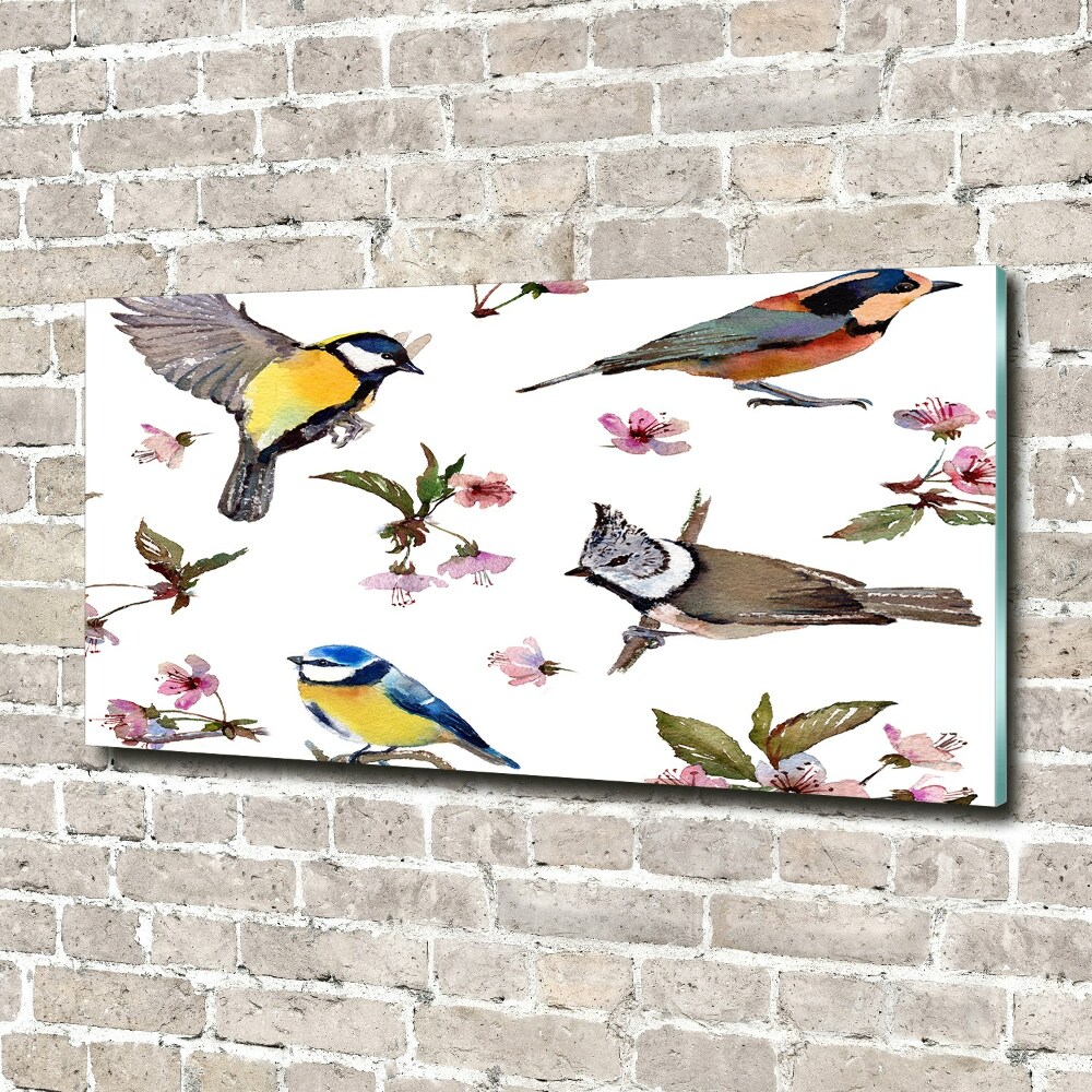 Glass picture wall art Birds cherry flowers