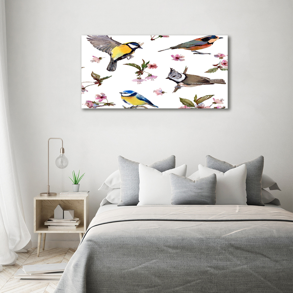 Glass picture wall art Birds cherry flowers