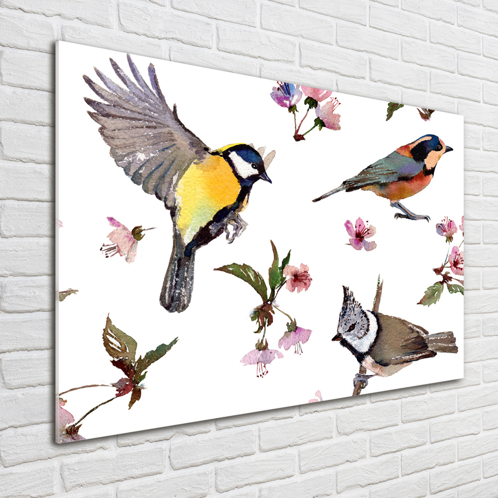 Glass picture wall art Birds cherry flowers