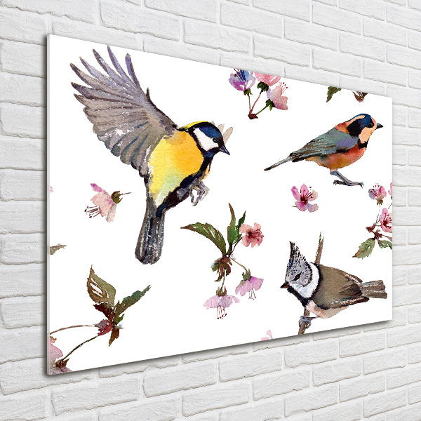 Glass picture wall art Birds cherry flowers