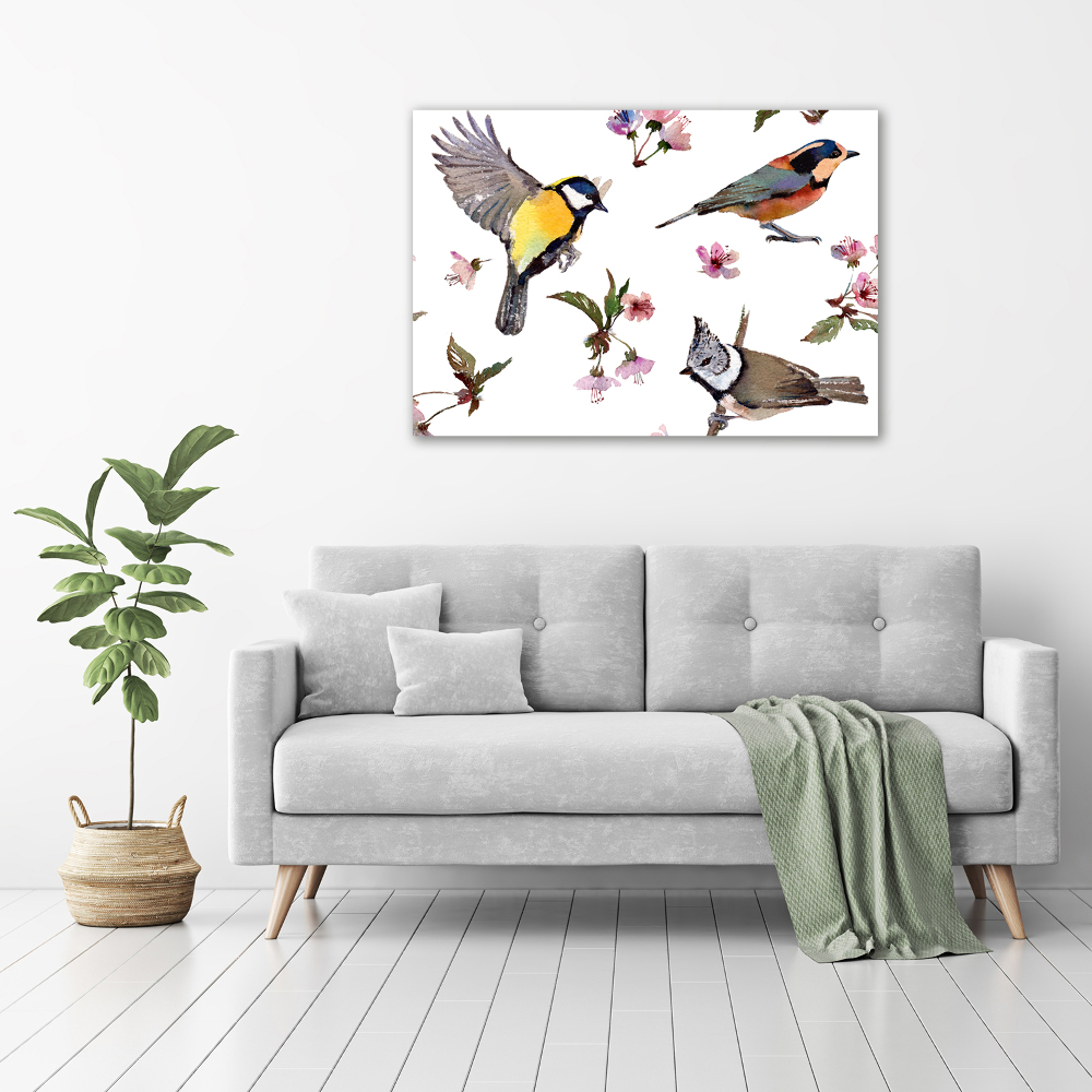 Glass picture wall art Birds cherry flowers