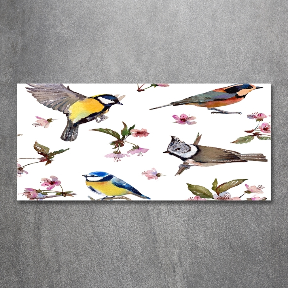 Glass picture wall art Birds cherry flowers