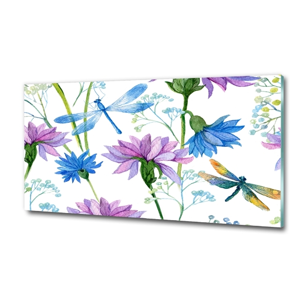 Glass picture wall art Flowers and dragonflies